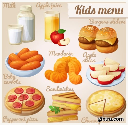 Collection of different vector picture eating fast food fruit vegetable sweet pies 25 EPS