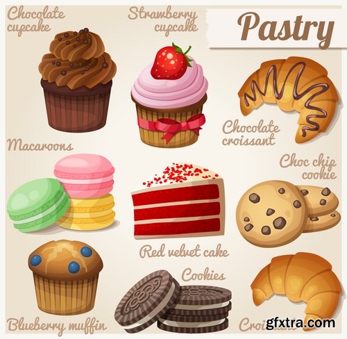 Collection of different vector picture eating fast food fruit vegetable sweet pies 25 EPS