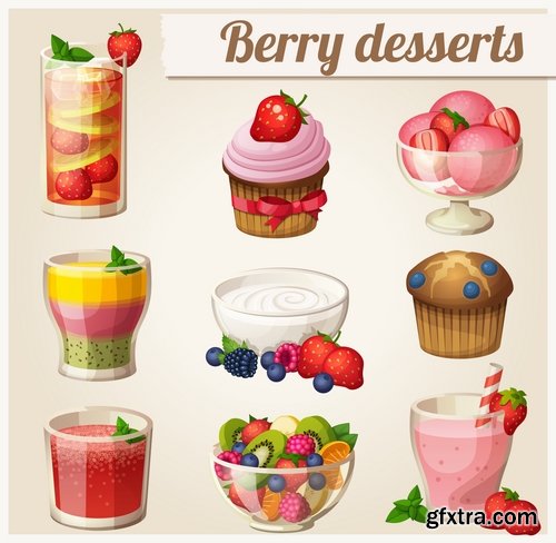 Collection of different vector picture eating fast food fruit vegetable sweet pies 25 EPS