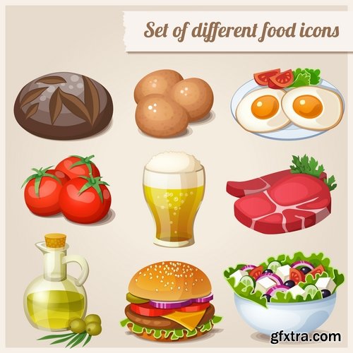 Collection of different vector picture eating fast food fruit vegetable sweet pies 25 EPS