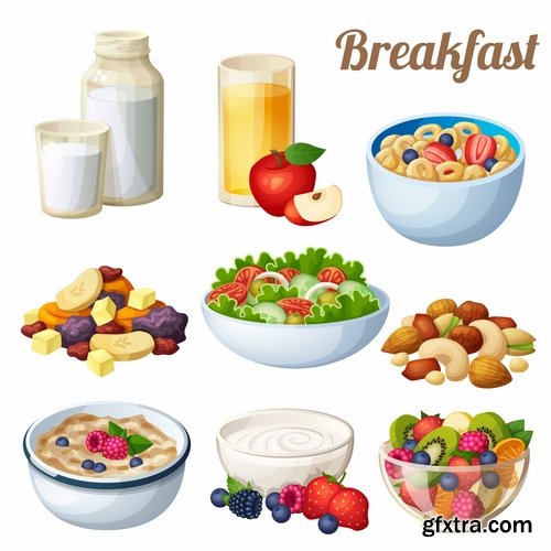 Collection of different vector picture eating fast food fruit vegetable sweet pies 25 EPS