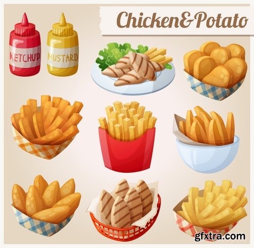 Collection of different vector picture eating fast food fruit vegetable sweet pies 25 EPS