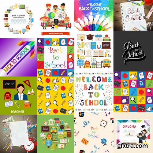 Collection of vector picture school supplies flyer poster banner stationery pencil line 25 EPS