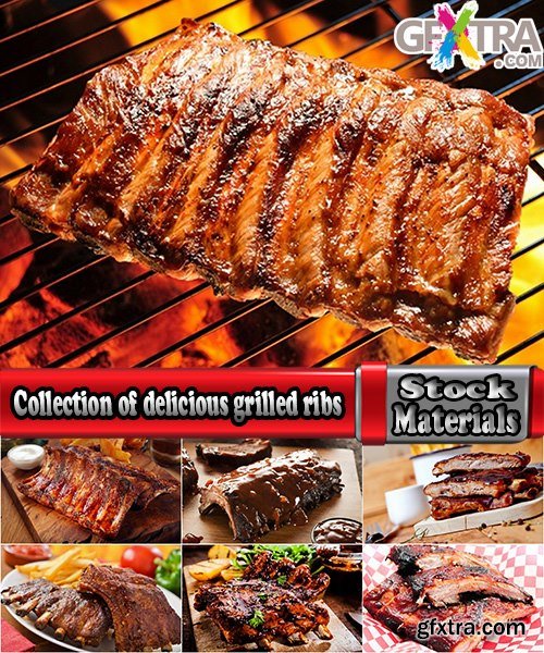 Collection of delicious grilled ribs with meat barbecue grill fire sauce for meat 25 HQ Jpeg