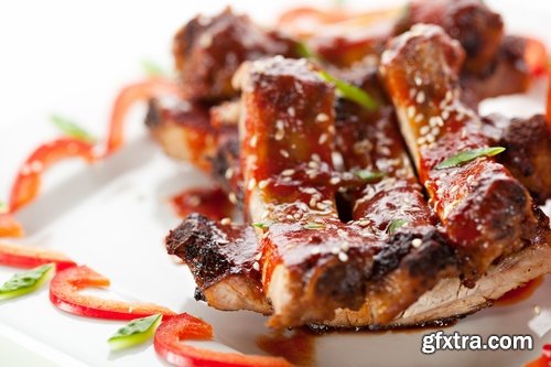 Collection of delicious grilled ribs with meat barbecue grill fire sauce for meat 25 HQ Jpeg