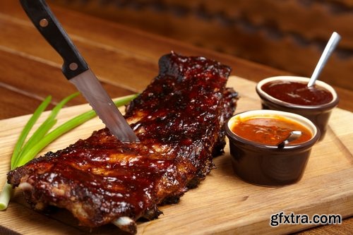 Collection of delicious grilled ribs with meat barbecue grill fire sauce for meat 25 HQ Jpeg