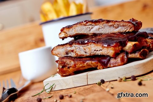 Collection of delicious grilled ribs with meat barbecue grill fire sauce for meat 25 HQ Jpeg