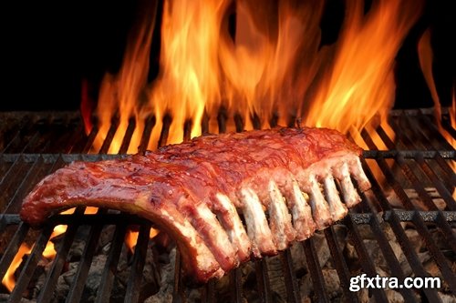 Collection of delicious grilled ribs with meat barbecue grill fire sauce for meat 25 HQ Jpeg