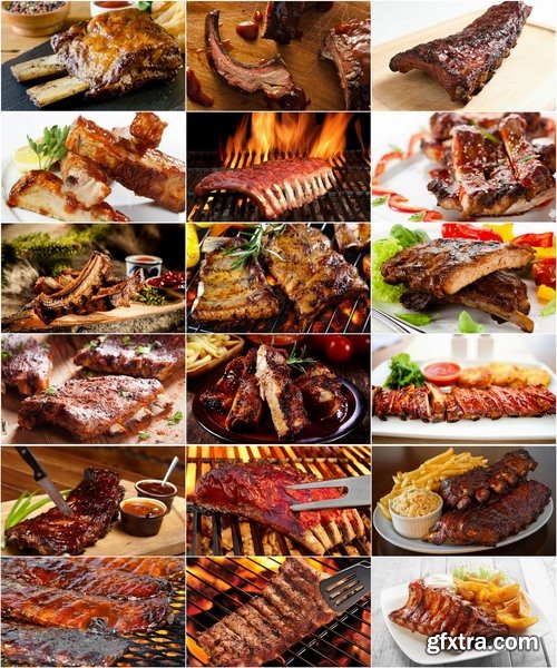 Collection of delicious grilled ribs with meat barbecue grill fire sauce for meat 25 HQ Jpeg