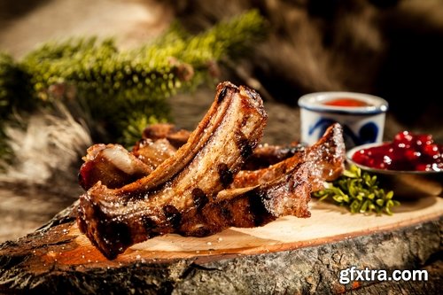 Collection of delicious grilled ribs with meat barbecue grill fire sauce for meat 25 HQ Jpeg