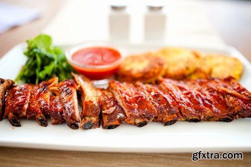 Collection of delicious grilled ribs with meat barbecue grill fire sauce for meat 25 HQ Jpeg