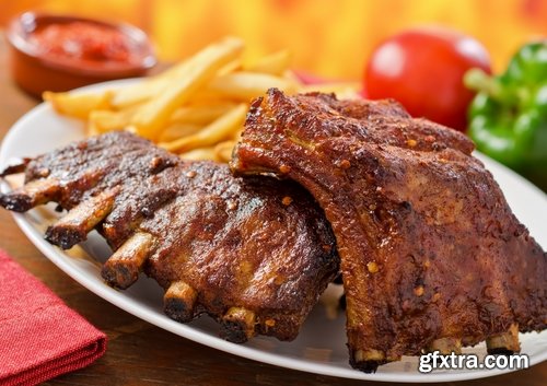 Collection of delicious grilled ribs with meat barbecue grill fire sauce for meat 25 HQ Jpeg