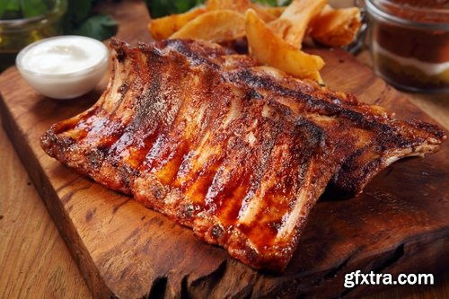 Collection of delicious grilled ribs with meat barbecue grill fire sauce for meat 25 HQ Jpeg