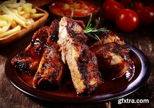 Collection of delicious grilled ribs with meat barbecue grill fire sauce for meat 25 HQ Jpeg