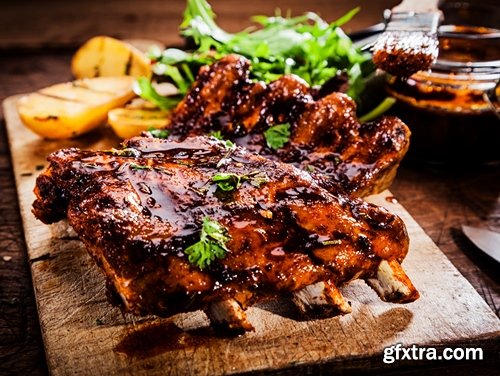 Collection of delicious grilled ribs with meat barbecue grill fire sauce for meat 25 HQ Jpeg