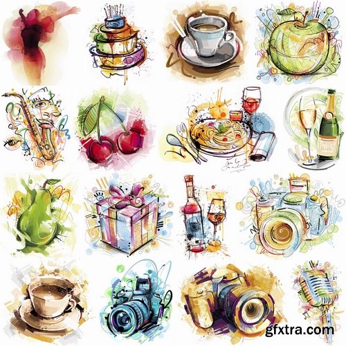 Collection of different vector picture illustration art drawn cup food Tower Box 25 EPS