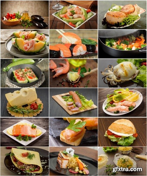 Collection of different fish food hamburger salad vegetables shrimp sushi lemon 25 HQ Jpeg