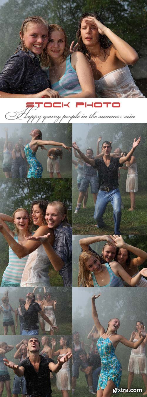 Happy young people in the summer rain