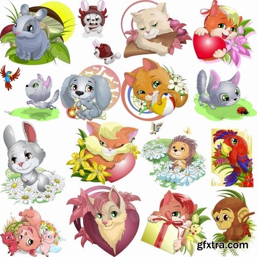 Collection of vector cartoon funny animal picture gift card 25 EPS