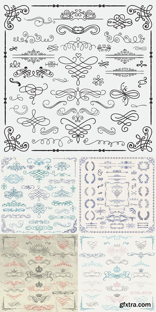 Vector Colorful Vintage Hand Drawn Swirls and Crowns