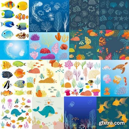 Collection of vector image background is coral fish underwater world Whale Sea 25 EPS