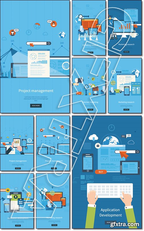 Flat design illustration concepts for business analytics and planning, consulting, programming, project management, market research and developmen - Vector