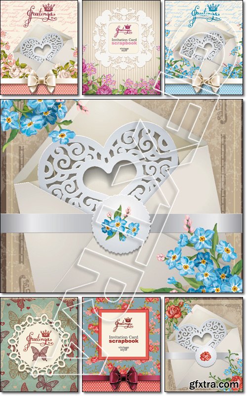 Invitation card with flowers. Scrapbook style retro background - Vector