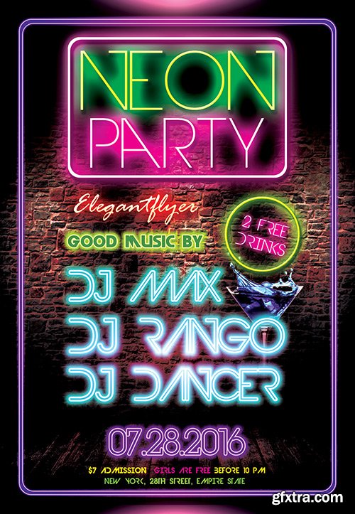 Neon/Glow Party Flyer PSD Template + Facebook Cover