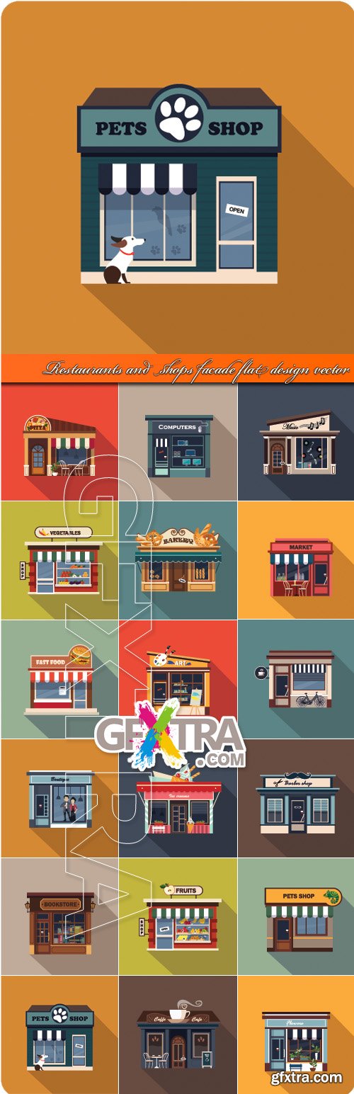 Restaurants and shops facade flat design vector