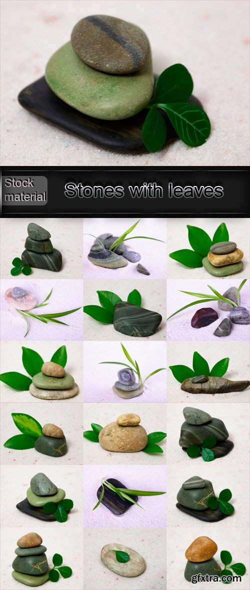 Some gathered stones with leaves