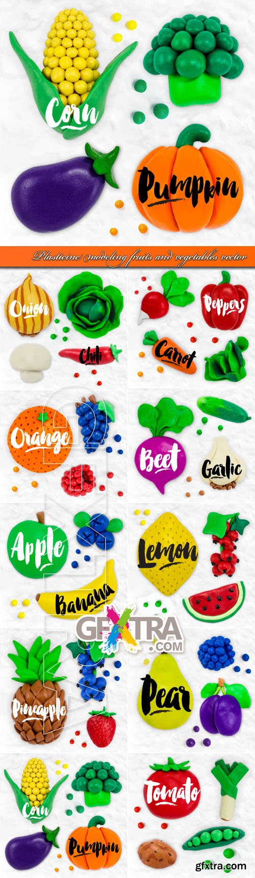 Plasticine modeling fruits and vegetables vector