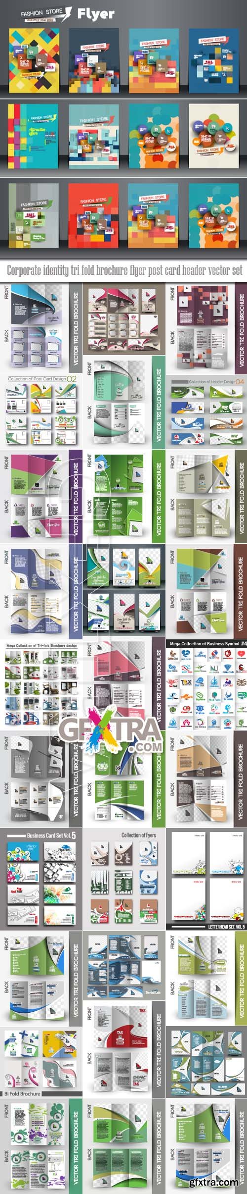 Corporate identity tri fold brochure flyer post card header vector set