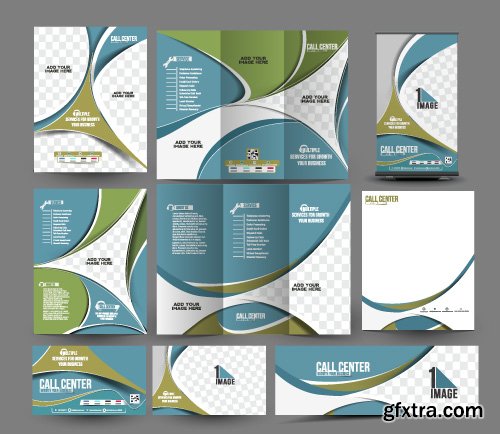 Corporate identity tri fold brochure flyer post card header vector set