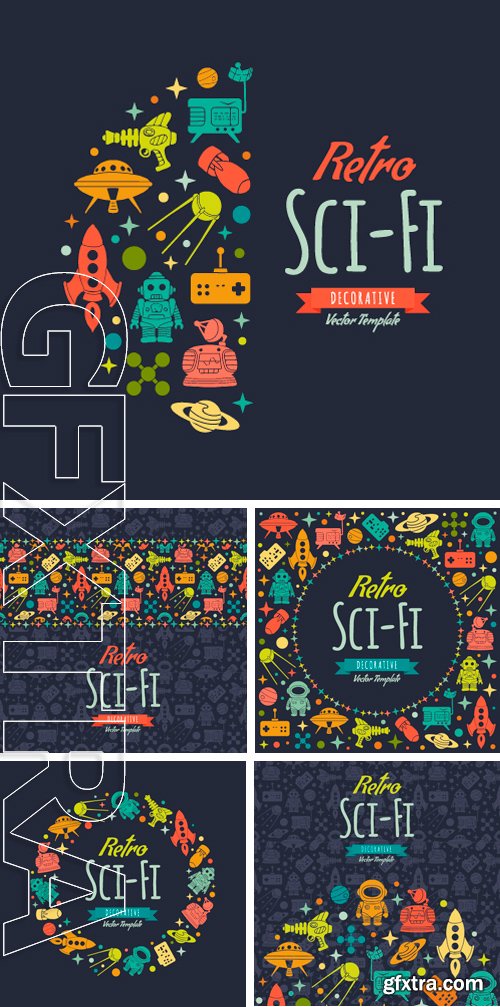 Stock Vectors - Retro Sci-Fi vector decorating design. Colorful card template with copy space