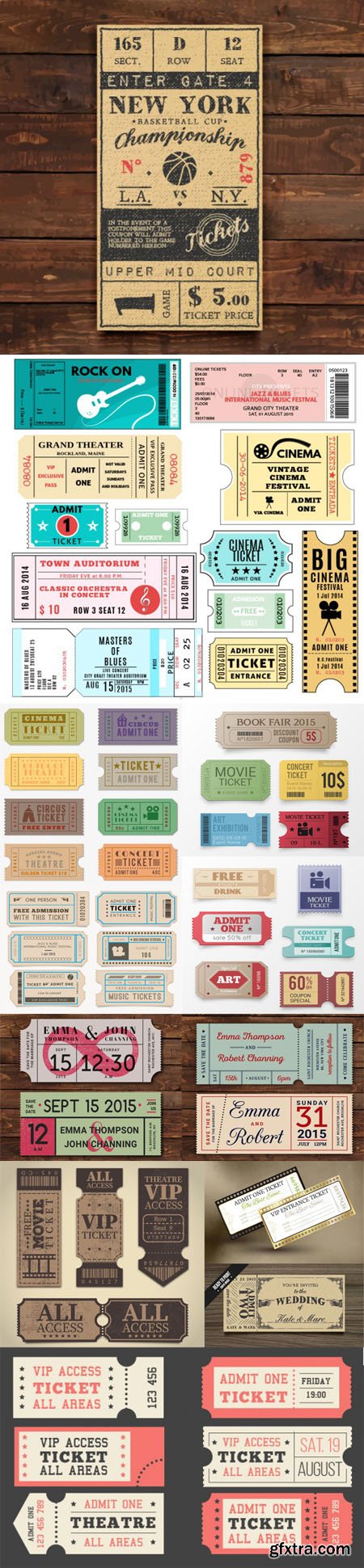 Collection of Retro,Vintage,Wedding,Cinema and VIP Tickets in Vector