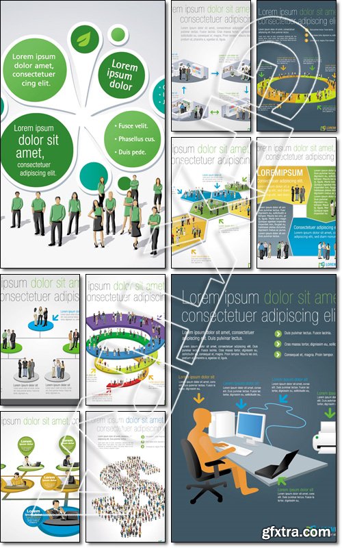 Template for advertising brochure with business people over colorful machine gear wheel - Vector