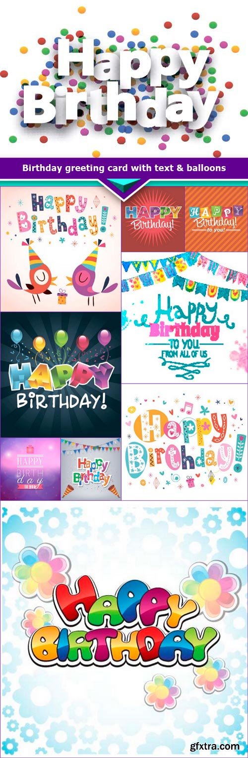 Birthday greeting card with text &amp; balloons 10x EPS
