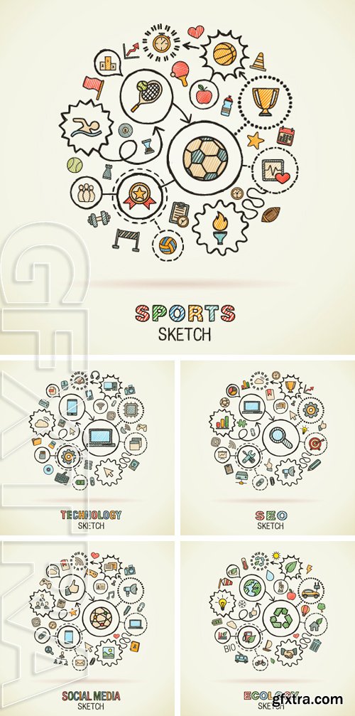 Stock Vectors - Drawing integrated sketch icons. Vector doodle interactive pictogram set