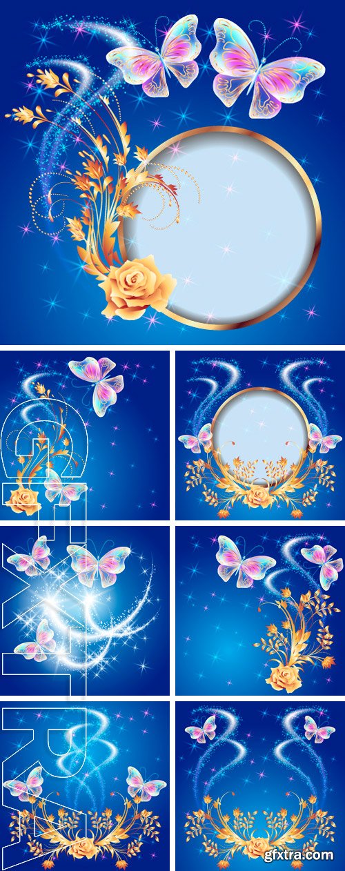 Stock Vectors - Transparent flying butterflies with golden ornament.