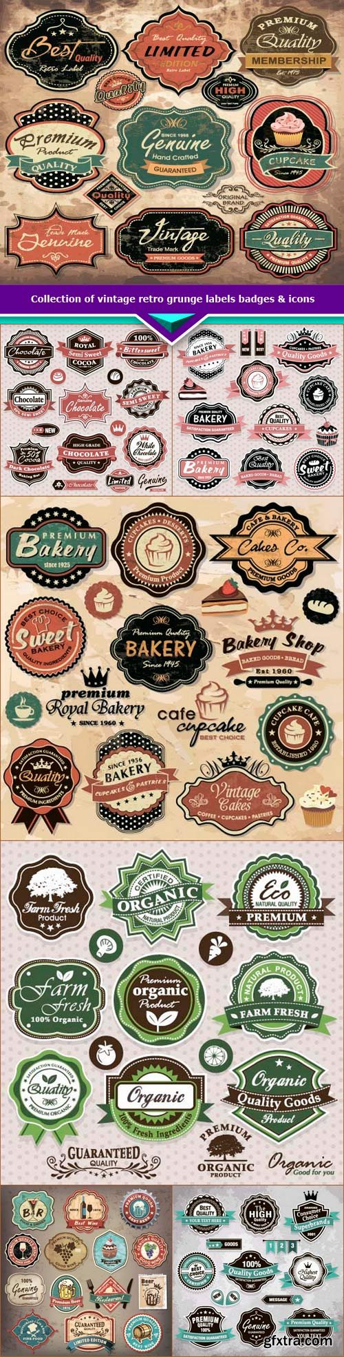 Collection of vintage retro grunge labels badges &amp; icons 7x EPS