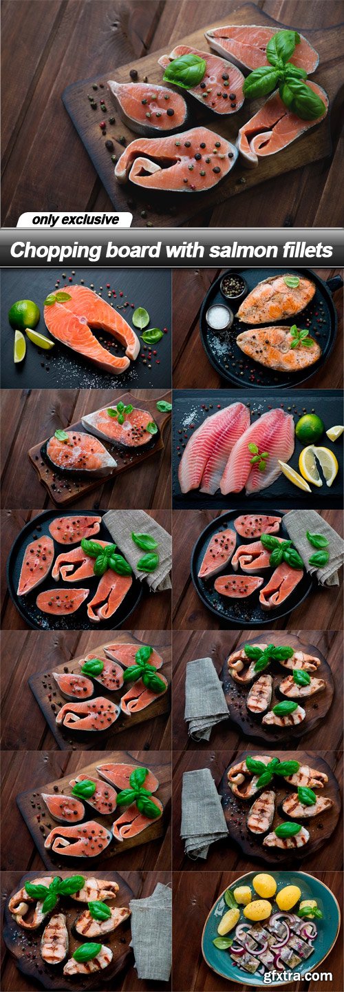 Chopping board with salmon fillets - 12 EPS