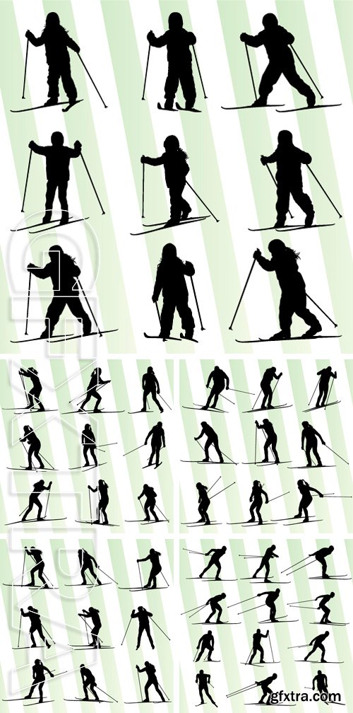 Stock Vectors - Active young skiing set sport silhouette vector background concept