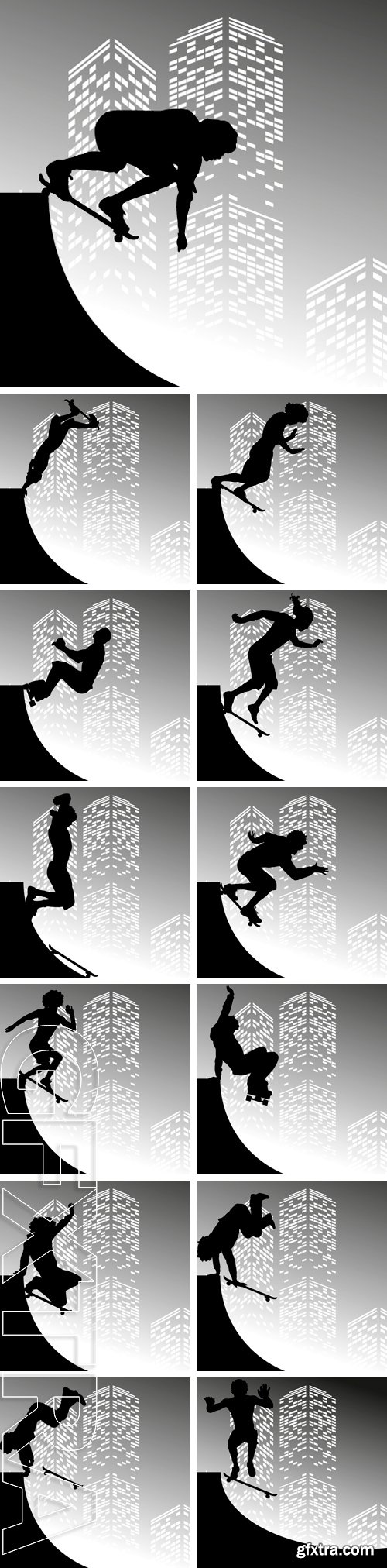 Stock Vectors - Vector silhouette skateboarder on grey skyscraper background