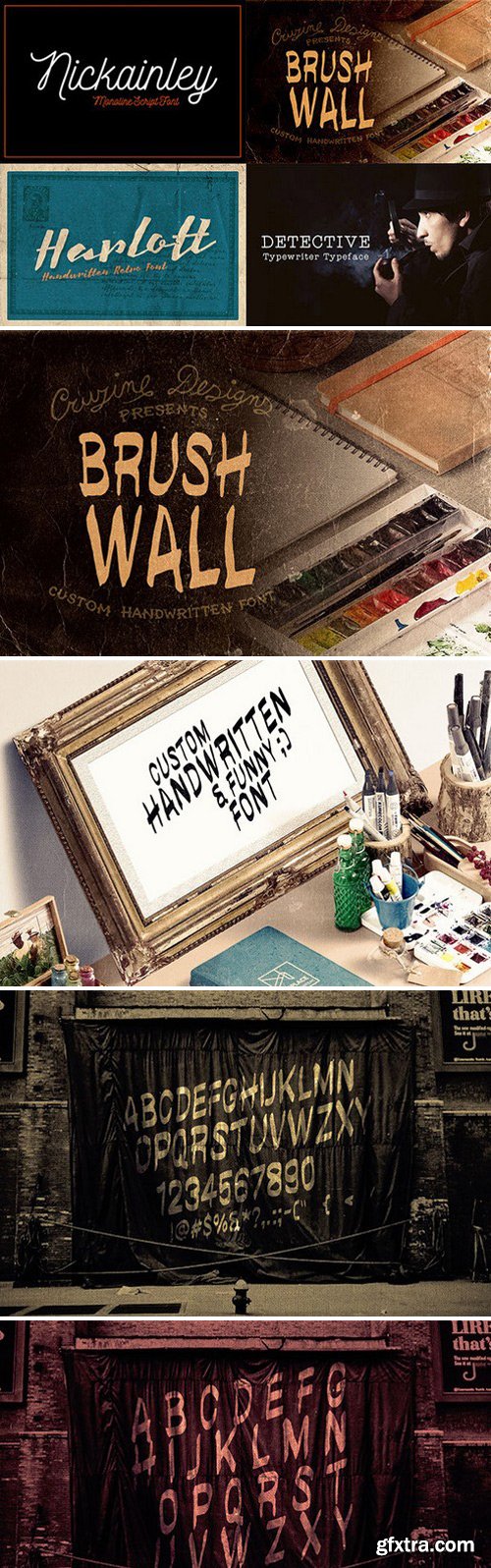 4 Custom Fonts, Brushwall, Detective, Harlott, Nickainley