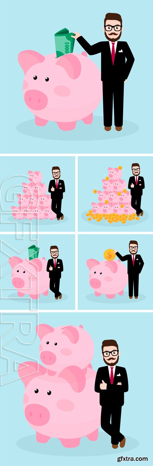 Stock Vectors -Hipster Businessman coin into piggy bank