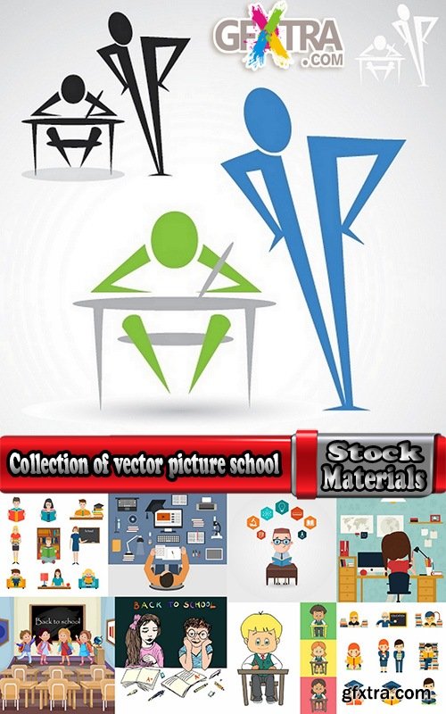 Collection of vector picture school supplies flyer poster banner stationery pencil line cartoon 25 EPS