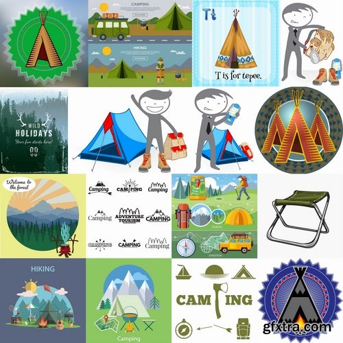 Collection of vector image camping tent hiking hut flyer banner poster 25 EPS