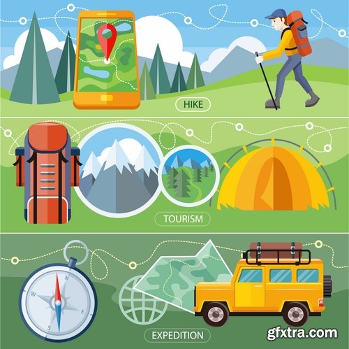 Collection of vector image camping tent hiking hut flyer banner poster 25 EPS