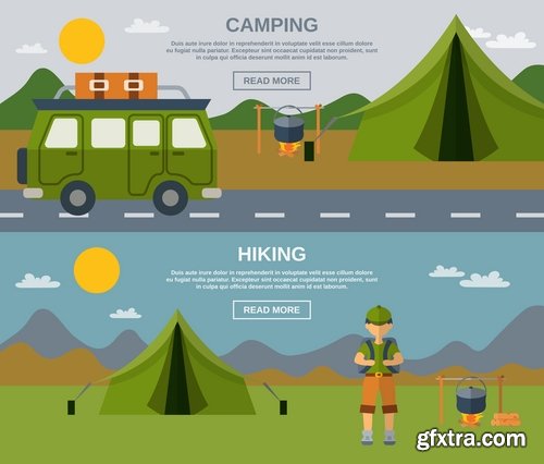 Collection of vector image camping tent hiking hut flyer banner poster 25 EPS