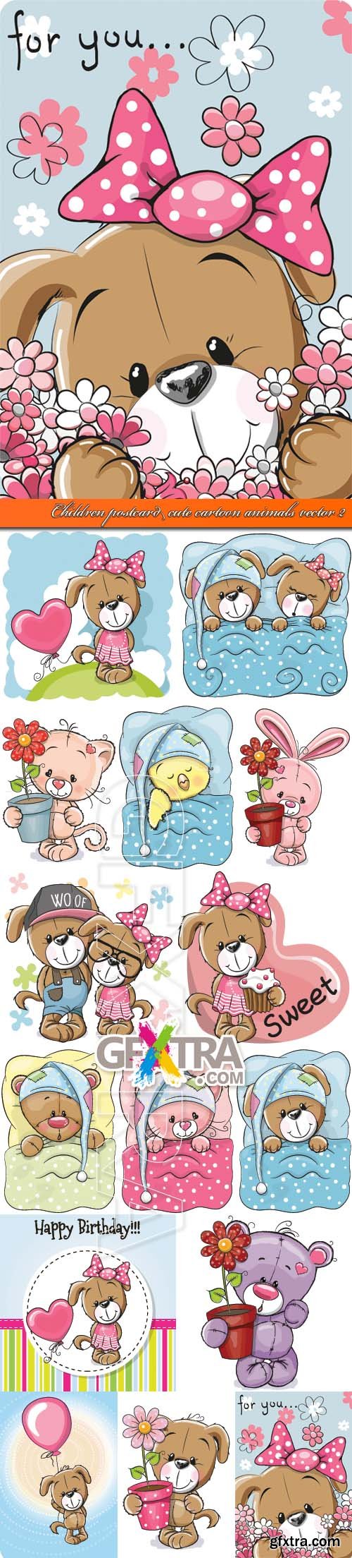 Children postcard cute cartoon animals vector 2